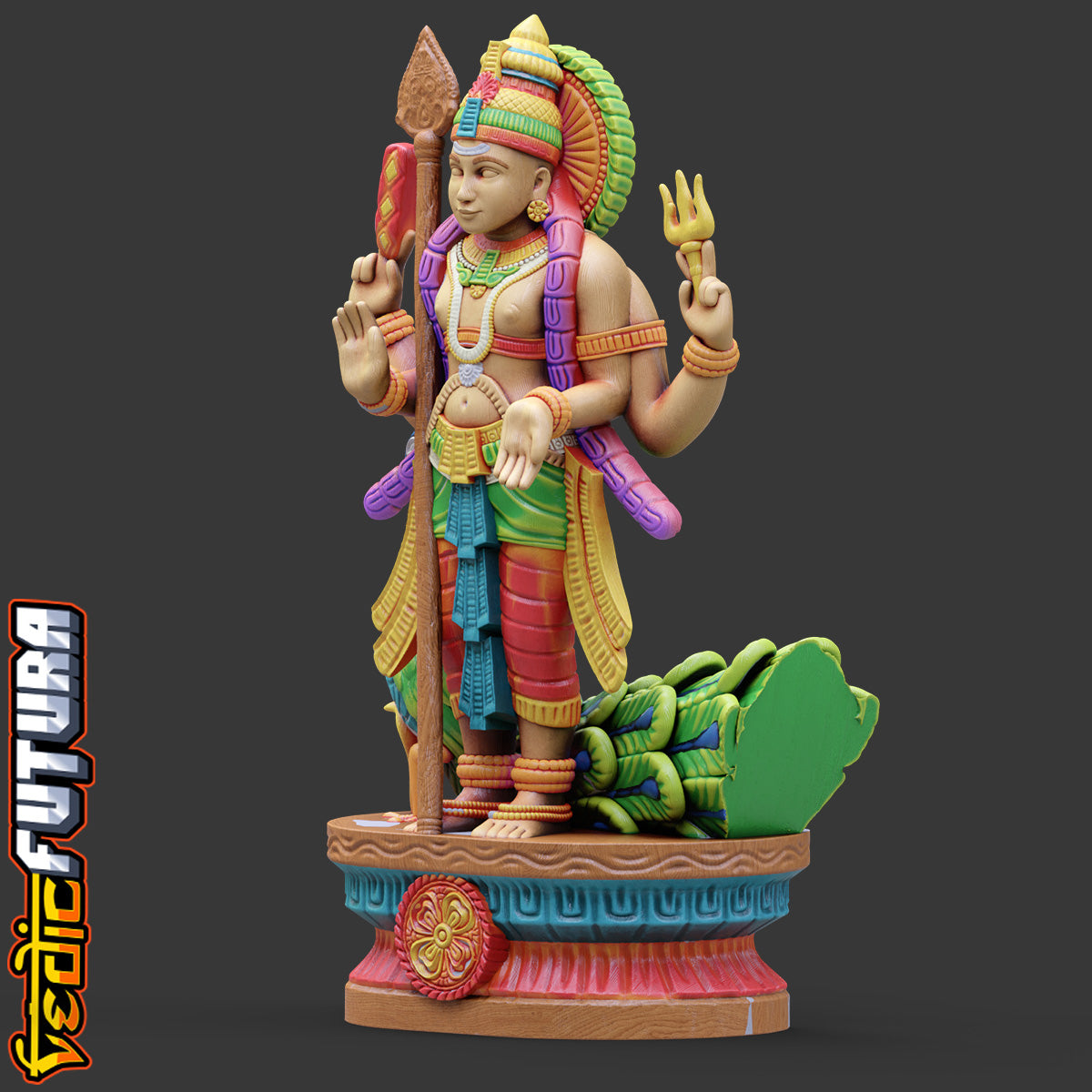 Murugan with Peacock and Vel:Wood Painted Style