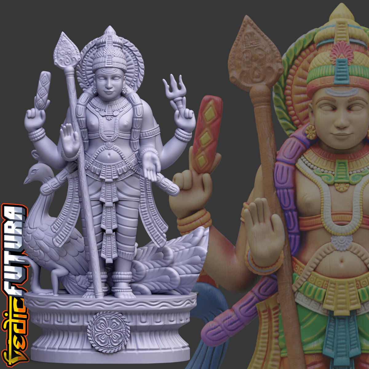 Murugan with Peacock and Vel:Wood Painted Style