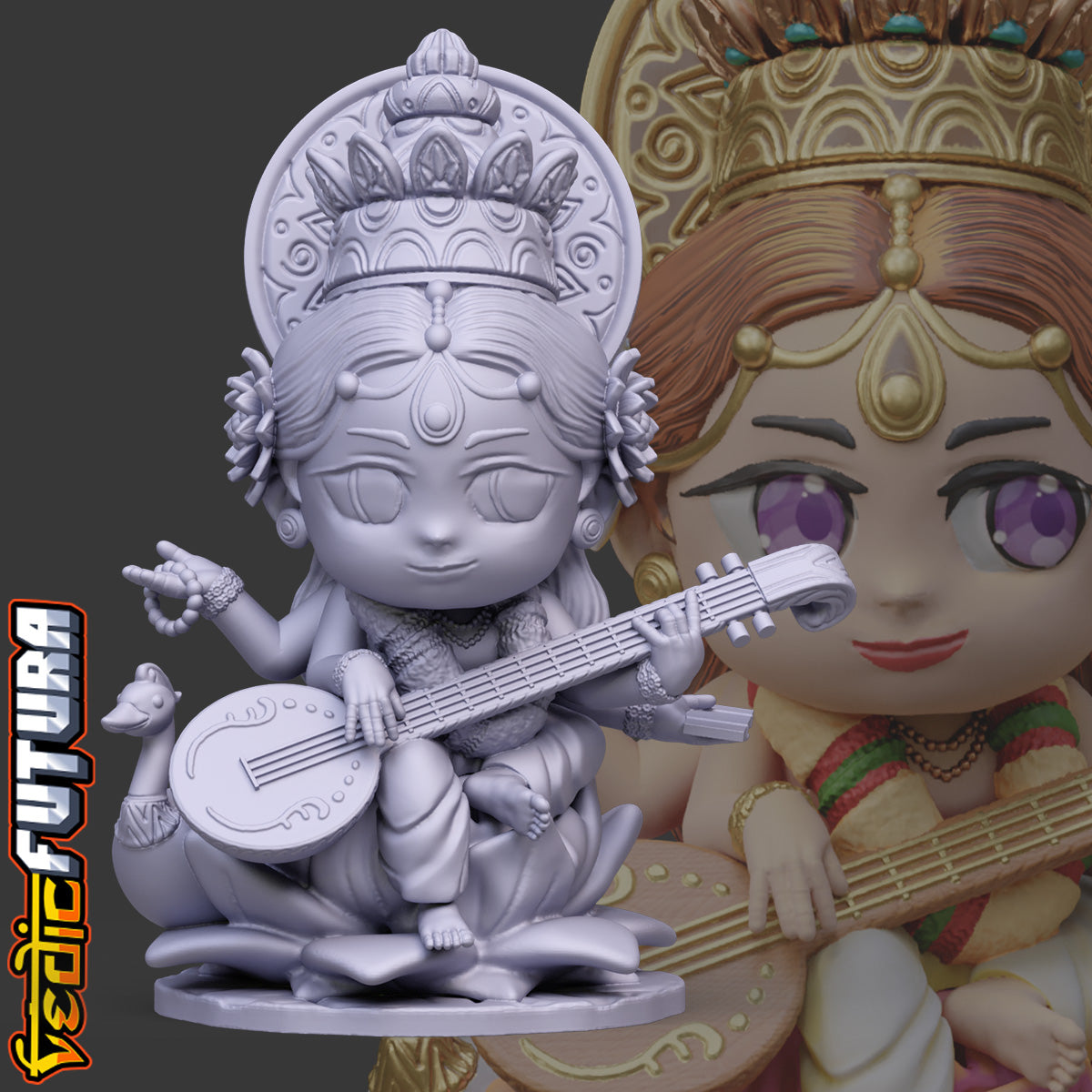 Chibi Saraswati with Veena & Swan