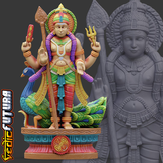 Murugan with Peacock and Vel:Wood Painted Style
