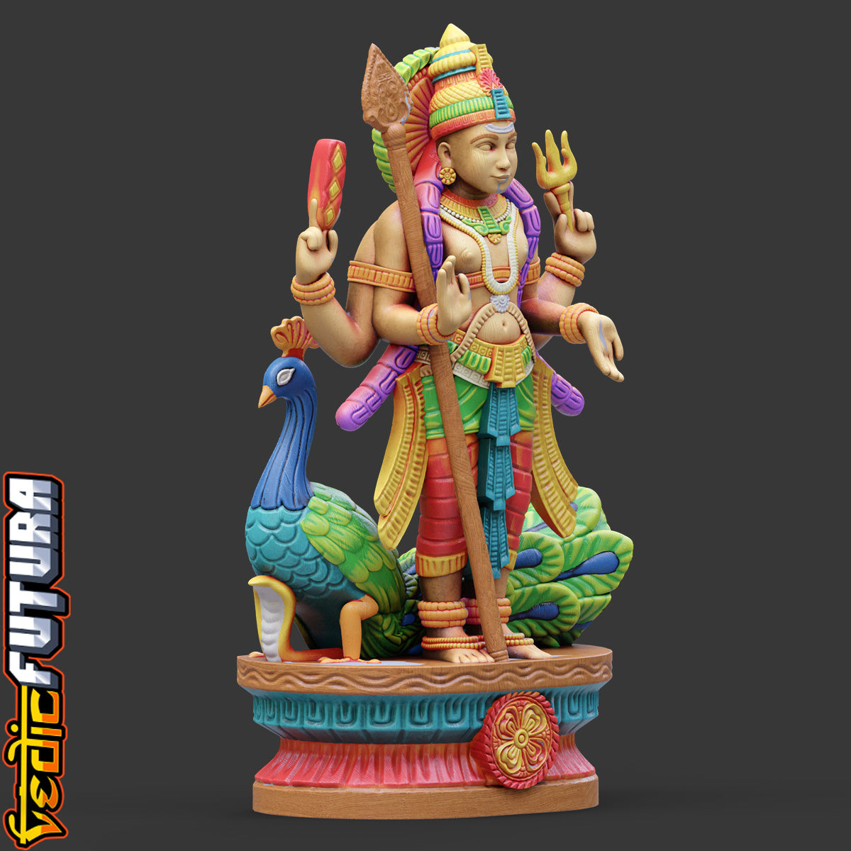 Murugan with Peacock and Vel:Wood Painted Style